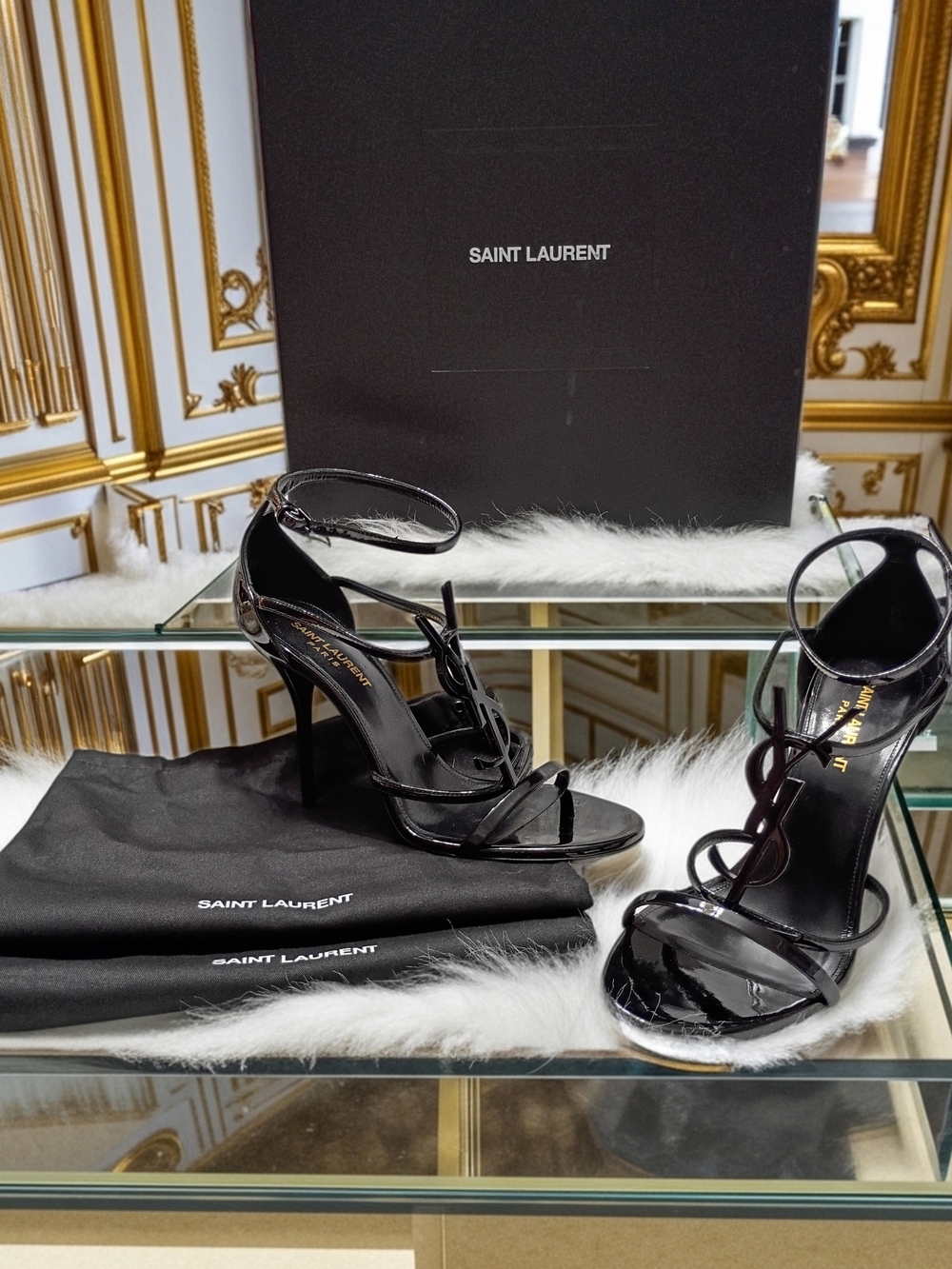 New Saint Laurent Cassandra Black Patent Leather Strappy High Heel Sandals EU 38